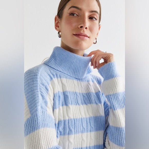 Francesca's Collections Blue and Cream Cowl Neck Sweater - Picture 1 of 7